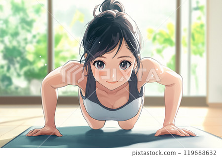 年輕女子做伏地挺身和肌肉訓練 119688632