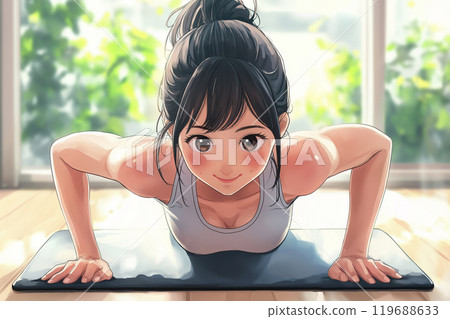 Young woman doing push-ups and muscle training Young woman doing push-ups and muscle training 119688633