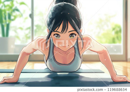Young woman doing push-ups and muscle training 119688634
