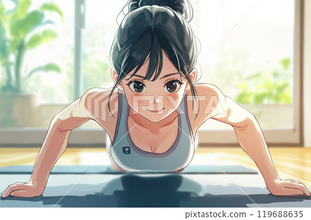 Young woman doing push-ups and muscle training 119688635