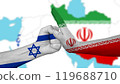 Israel's fist is stopped by Iran's hand, with a blurred map of the two countries in the background 119688710