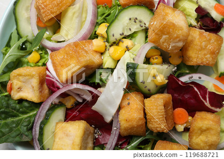 Fried tofu salad in a bowl close-up Fried tofu salad in a bowl close-up 119688721