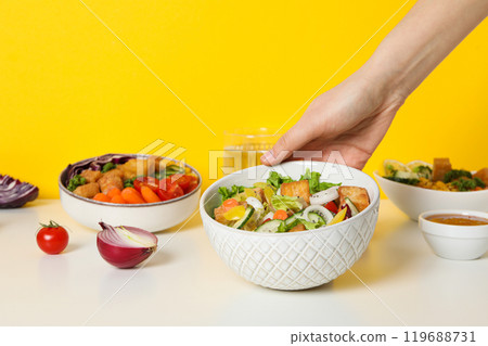 Fried tofu salad with sauce and vegetables Fried tofu salad with sauce and vegetables 119688731