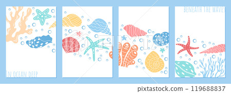 Seashells and corals under ocean waves postcard set. This aquatic card design features various marine life and underwater elements, creating a vibrant ocean reef scenery. Seashells and corals under ocean waves postcard set. This aquatic card design features various marine life and underwater elements, creating a vibrant ocean reef scenery. 119688837