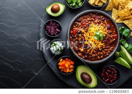 A bowl of chili with a variety of toppings including beans, cheese A bowl of chili with a variety of toppings including beans, cheese 119688863