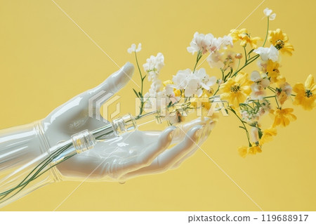 A hand holding a vase with flowers in it A hand holding a vase with flowers in it 119688917