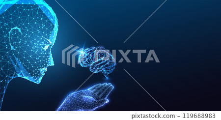 Futuristic AI robotic head holds glowing brain on dark blue background. Cognitive computing concept 119688983