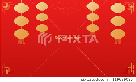 Chinese New Year Spring Festival significant event. Traditional red and gold abstract patterns. Design of invitation banner postcard. Vector illustration. 119689086
