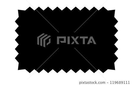 Empty black rectangle with zigzag edges. Box, tag or label, sticker or badge, stamp rectangular shape with jagged borders isolated on white background. Vector graphic illustration 119689111