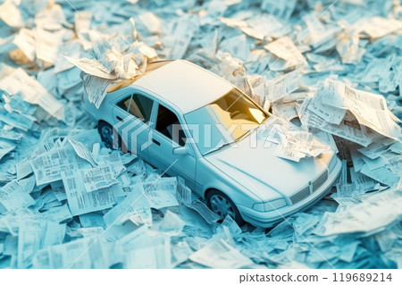 A white car is covered in paper, with the papers piled on top of it 119689214
