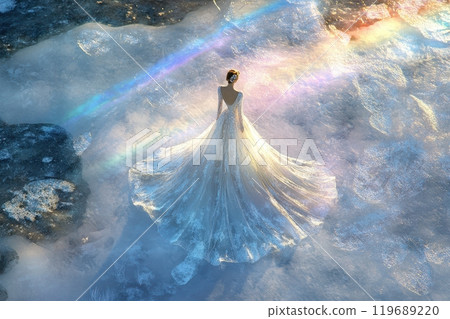 A woman in a long white dress is standing in the air above a body of water 119689220