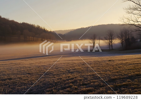 Vast frosty field under a colorful sunrise with mist hovering above. Winter beauty concept 119689228