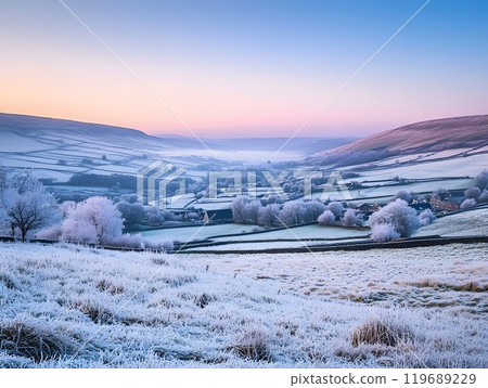 Frosty valley at dawn illuminated by soft early sunlight and mist. Scenic landscape concept Frosty valley at dawn illuminated by soft early sunlight and mist. Scenic landscape concept 119689229