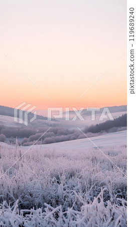 Captivating winter morning landscape with frost under a pastel-colored sky. Tranquil nature concept Captivating winter morning landscape with frost under a pastel-colored sky. Tranquil nature concept 119689240
