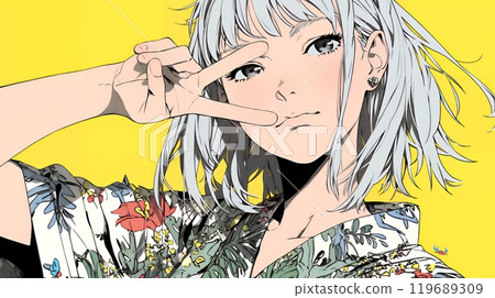 Young woman doing a peace sign 119689309