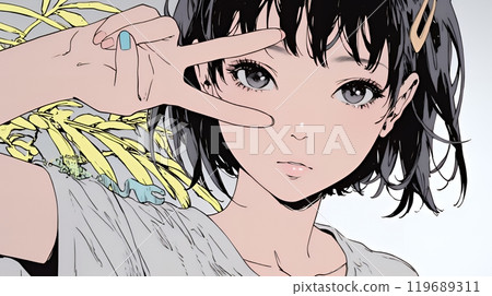 Young woman doing a peace sign Young woman doing a peace sign 119689311