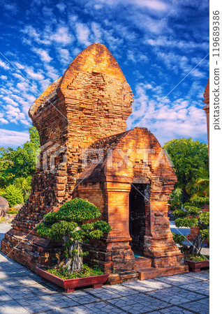 Ancient Po Nagar Cham Towers in Nha Trang in Vietnam. A famous tourist landmark with the heritage history ruins of Cham temple 119689386