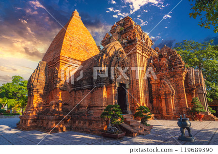 Po Nagar Cham Towers in Nha Trang in Vietnam. Beautiful ancient ruins of temple in Asia Po Nagar Cham Towers in Nha Trang in Vietnam. Beautiful ancient ruins of temple in Asia 119689390
