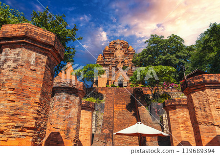 Po Nagar Cham Towers in Nha Trang in Vietnam. Ancient ruins of a temple in Asia at sunset 119689394