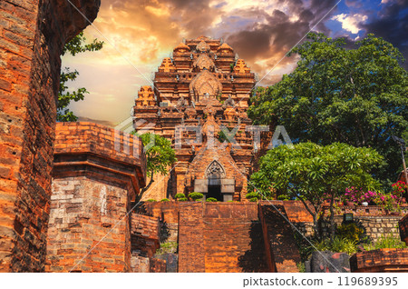 Po Nagar Cham Towers in Nha Trang in Vietnam. Ancient ruins of a temple in Asia at sunset Po Nagar Cham Towers in Nha Trang in Vietnam. Ancient ruins of a temple in Asia at sunset 119689395