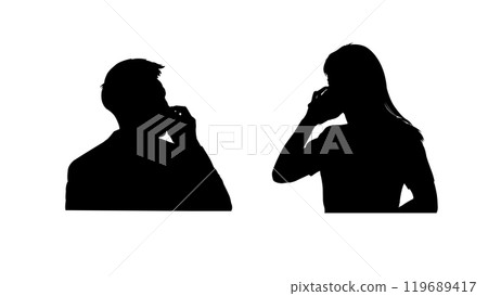 The silhouette men and women on the phone creates a sense of intimacy and connection.The dark and light contrast in the image emphasizes the mystery of the conversation. 119689417