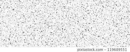 Dirty dotted seamless pattern. Black and white grunge sprinkles, particles, dust and splashes wallpaper. Distress noise grain repeating background. Random mottled gritty overlay texture. Vector 119689551