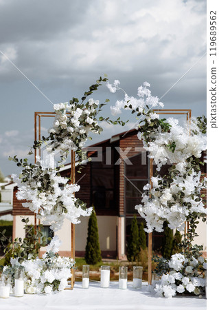 Very beautiful and stylish wedding arch. Wedding day. Very beautiful and stylish wedding arch. Wedding day. 119689562