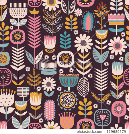 flowers on the background of leaf ornament. seamless pattern 119689579
