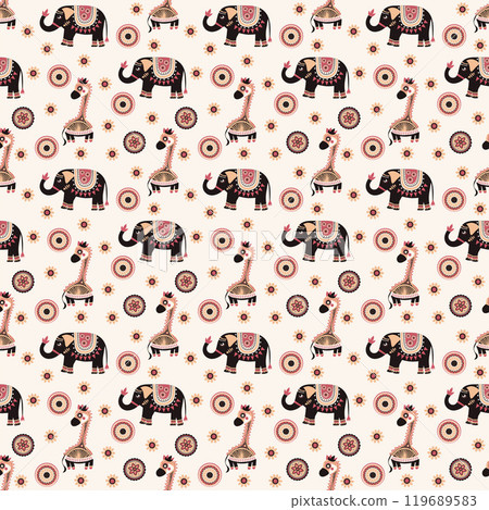 bright elephants and giraffes on a white background. seamless pattern. Vector illustration bright elephants and giraffes on a white background. seamless pattern. Vector illustration 119689583
