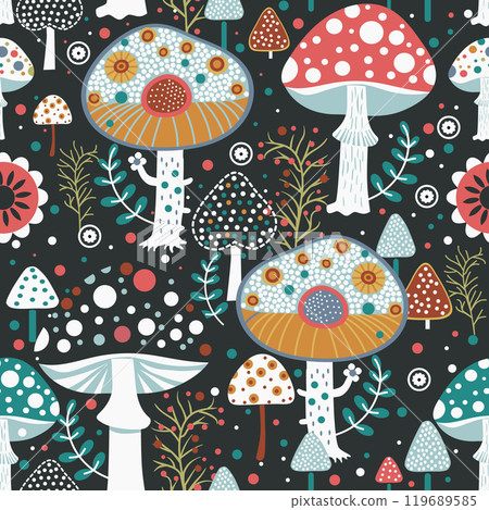 colored magic mushrooms surrounded by flowers. seamless pattern 119689585