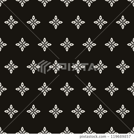 Simple minimalist floral pattern. Minimal seamless texture with small flower shapes. Abstract black and white geometric background. For print, package Simple minimalist floral pattern. Minimal seamless texture with small flower shapes. Abstract black and white geometric background. For print, package 119689857