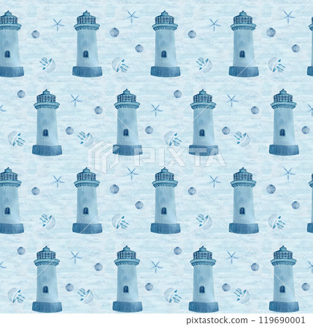 Lighthouse watercolor seamless pattern hand drawn on textured background. High quality blue monochromatic illustration for wrapping paper, textile, wallpaper, souvenirs, stationary and room decor Lighthouse watercolor seamless pattern hand drawn on textured background. High quality blue monochromatic illustration for wrapping paper, textile, wallpaper, souvenirs, stationary and room decor 119690001
