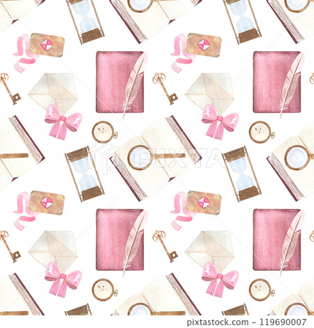 Girly pink vintage stationary watercolor seamless pattern isolated on white. Hand painted art perfect for wrapping paper, packaging, stationary decor. Antique clip art. Book, quill, envelop, key 119690007