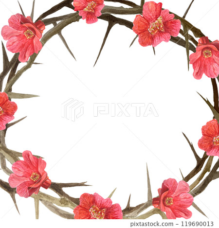 Crown of thorns with red flowers watercolor illustration isolated on white. High quality art for cards, posters, stickers, Easter, Passover, Holy Thursday, christening baptism church decor and design 119690013