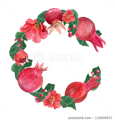 Pomegranate fruits, flowers and green leafs watercolor wreath isolated on white. The hand-painted high quality vibrant art is ideal for botanical prints, cards, floral tea packages, posters and 119690017