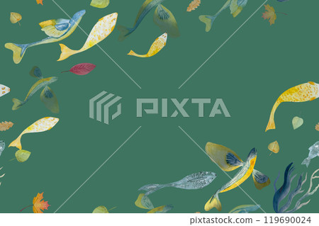 Beautiful decorative fishes watercolor hand drawn seamless banner Beautiful decorative fishes watercolor hand drawn seamless banner 119690024