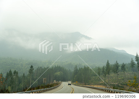 A winding road surrounded by trees in the Pacific Northwest on a foggy day. 119690306