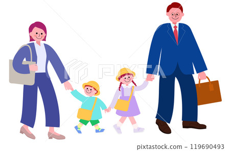 一家人的全身插畫,父母穿著西裝,妹妹和妹妹穿著幼稚園書包和帽子,手牽手散步 一家人的全身插畫,父母穿著西裝,妹妹和妹妹穿著幼稚園書包和帽子,手牽手散步 119690493