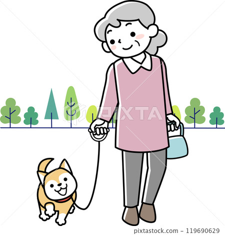 老婦人微笑著遛狗 老婦人微笑著遛狗 119690629