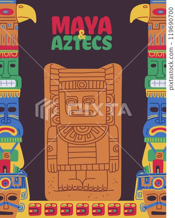 Traditional religious totem pole with decorated tribal masks and eagle vector poster, Aztecs or Mayans ethnic culture 119690700