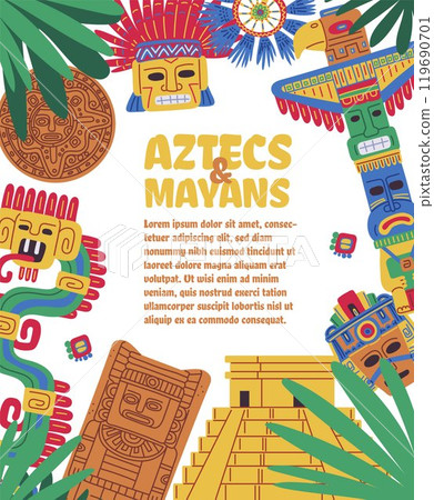 Vector illustration of poster with colorful traditional diverse Mayan and Aztec figures. 119690701