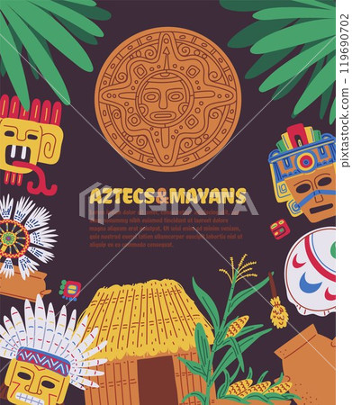 Vector poster dedicated to totems and other symbols of the Aztecs and Maya. Vector poster dedicated to totems and other symbols of the Aztecs and Maya. 119690702