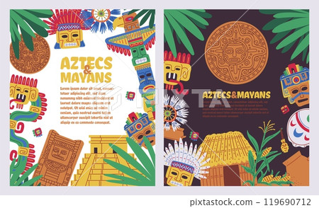 Aztecs and Mayans native ethnic culture vector posters set, traditional religious totem pole, tribal masks, pyramids Aztecs and Mayans native ethnic culture vector posters set, traditional religious totem pole, tribal masks, pyramids 119690712