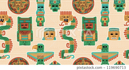 Vector seamless background, with vintage tribal idols, demons, inspired by ancient cultures: Maya and Aztecs Vector seamless background, with vintage tribal idols, demons, inspired by ancient cultures: Maya and Aztecs 119690713