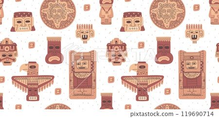 Vector seamless illustration with abstract traditional various figures of Maya and Aztec. 119690714