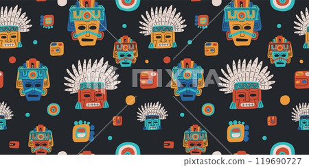 Aztec or Mayan masks. Seamless pattern. 119690727