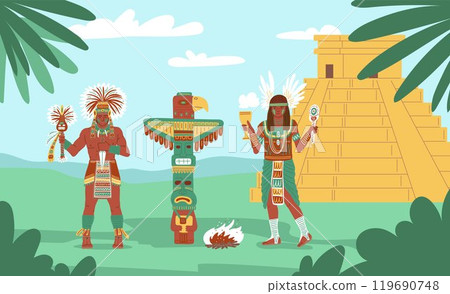 Vector illustration ancient Maya tribe with ritual objects in their hands next to an idol 119690748