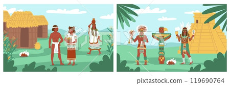 Ancient tribal village with huts, pyramid and religious totem pole vector flat set, Aztecs or Mayans civilization life Ancient tribal village with huts, pyramid and religious totem pole vector flat set, Aztecs or Mayans civilization life 119690764