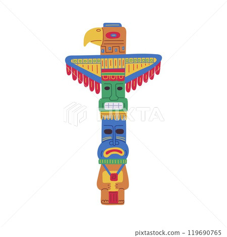 Traditional religious totem pole with decorated tribal masks and eagle vector icon, Aztecs Mayans native ethnic culture 119690765