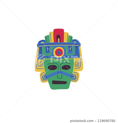 Tribal mask colorful paint decorated vector icon, Aztecs or Mayans carved wood mask aborigine face ritual ethnic totem 119690780